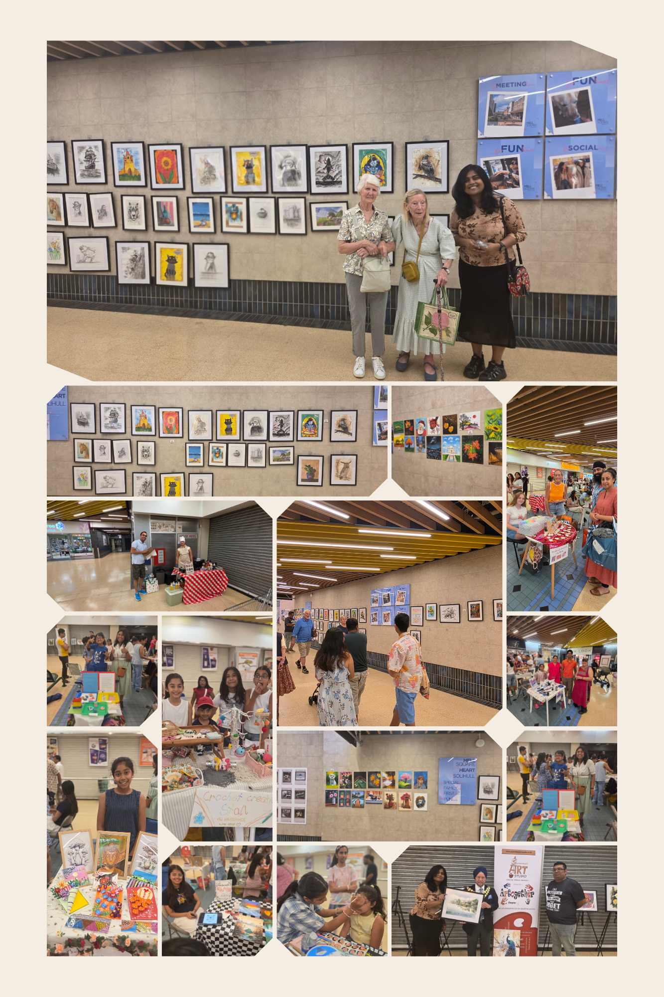 Sayantika's Art Studio student artwork on display and craft carnival at The Mell Square, Solihull